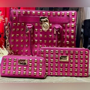 Michael Kors Fuchsia Studded Tote and Wallet Set